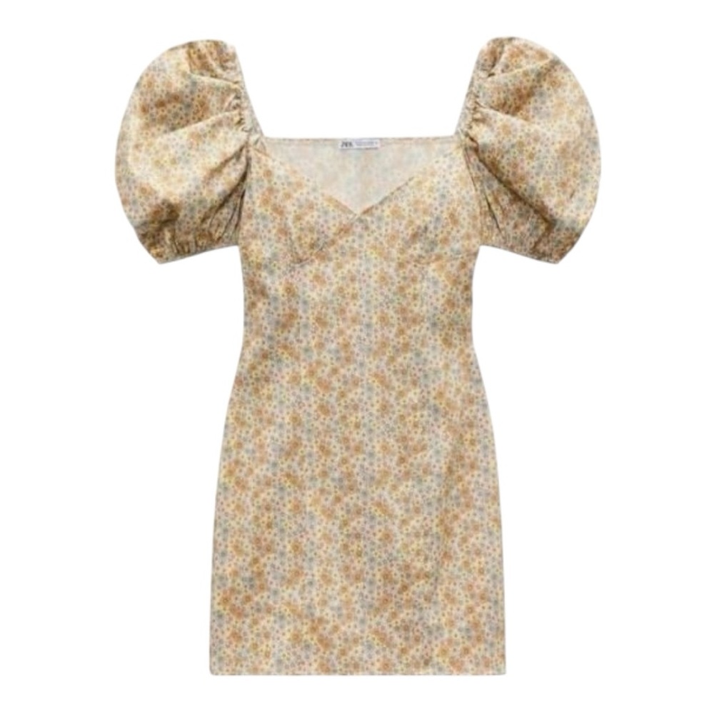 Zara Floral Puff Sleeve Mini Dress - Cream and Brown